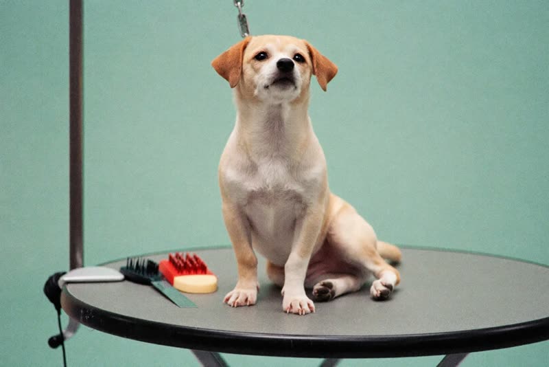 A small fluffy dog standing on a round grooming table