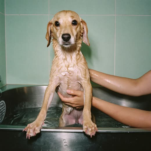 A dog having its face fringe trimmed with grooming scissors